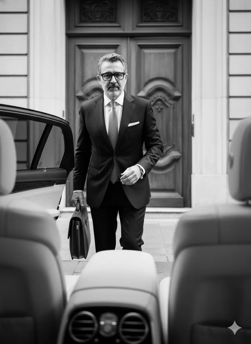 Create a black-and-white executive editorial portrait with luxury-car perspective and premium texture detail.