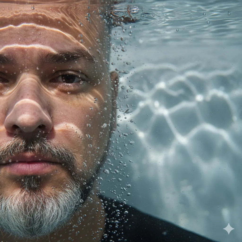 Generate a surreal underwater close-up portrait with caustic light, droplets, and macro photoreal detail.