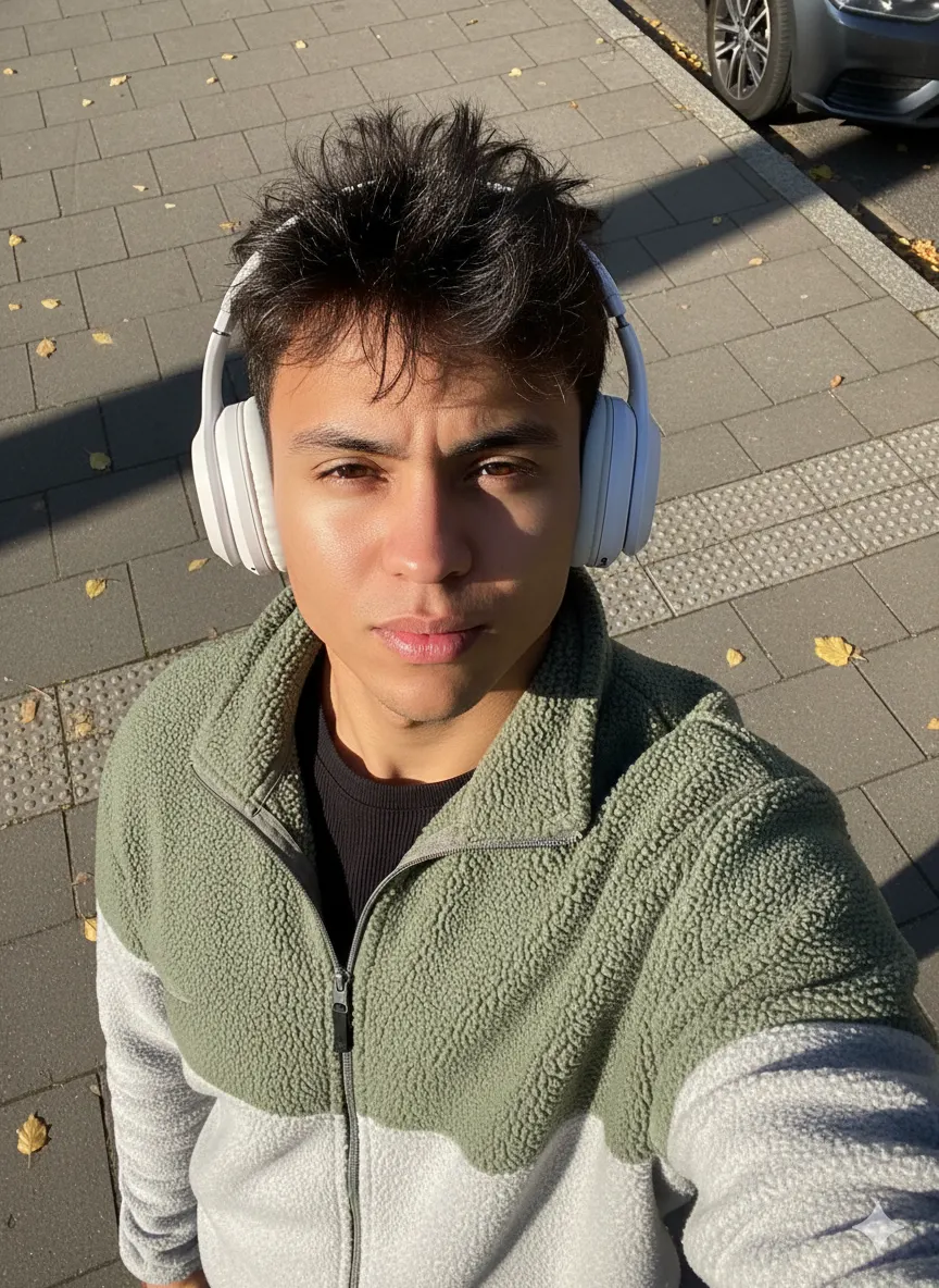 Generate an ultra-real iPhone autumn selfie with natural daylight, urban paving, and candid lifestyle composition.