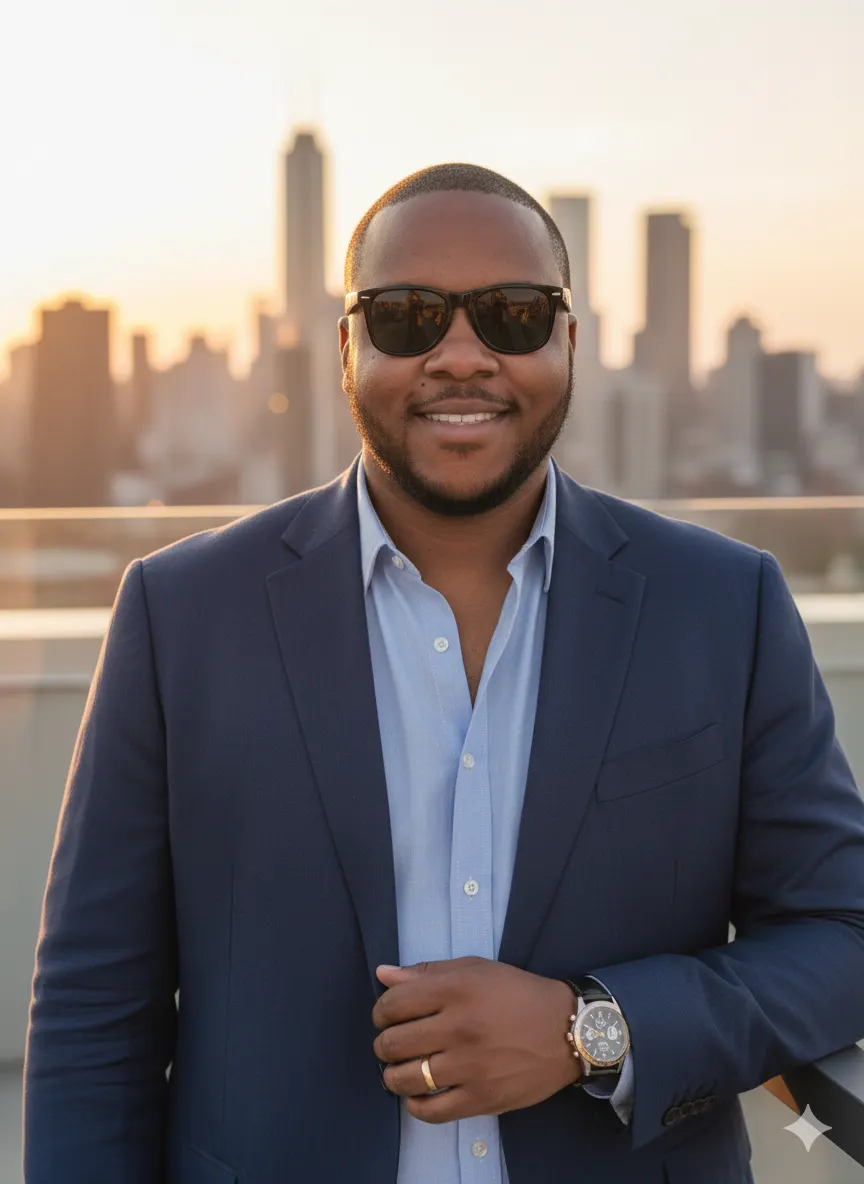 Turn the uploaded person into a luxury rooftop sunset portrait with elegant menswear and clean editorial lighting.