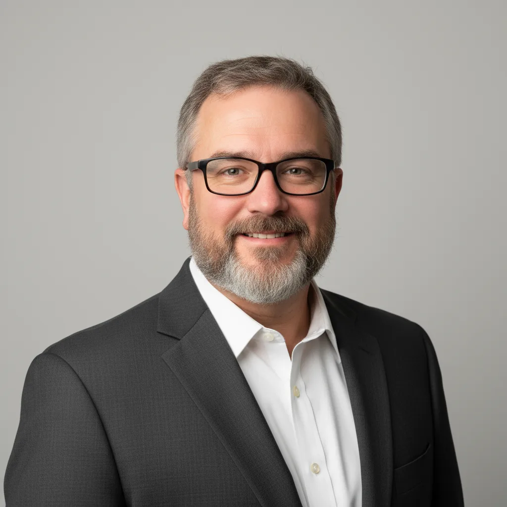 Create a professional LinkedIn profile photo with clean background, direct eye contact, and polished business styling.