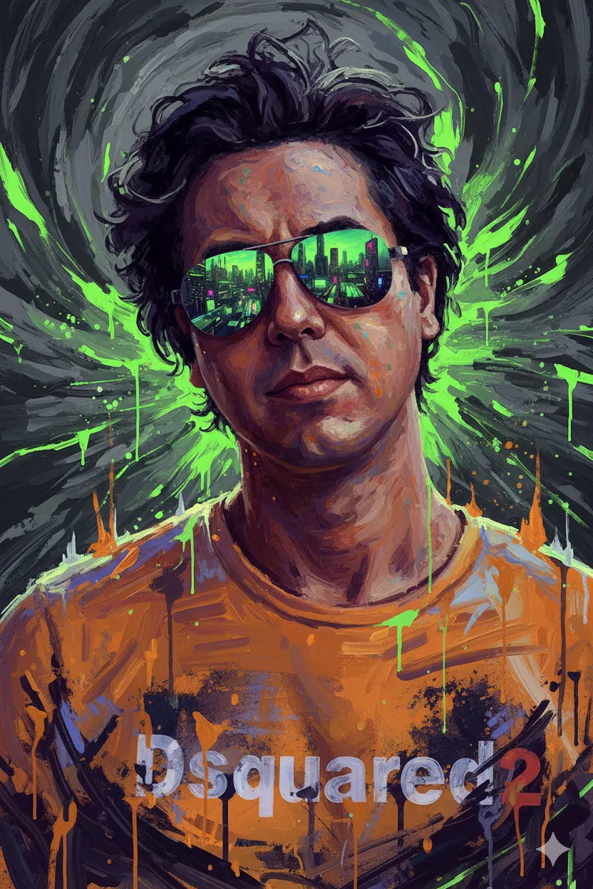 Transform a regular portrait into surreal digital artwork with orange reflections, paint texture, and neon contrast.