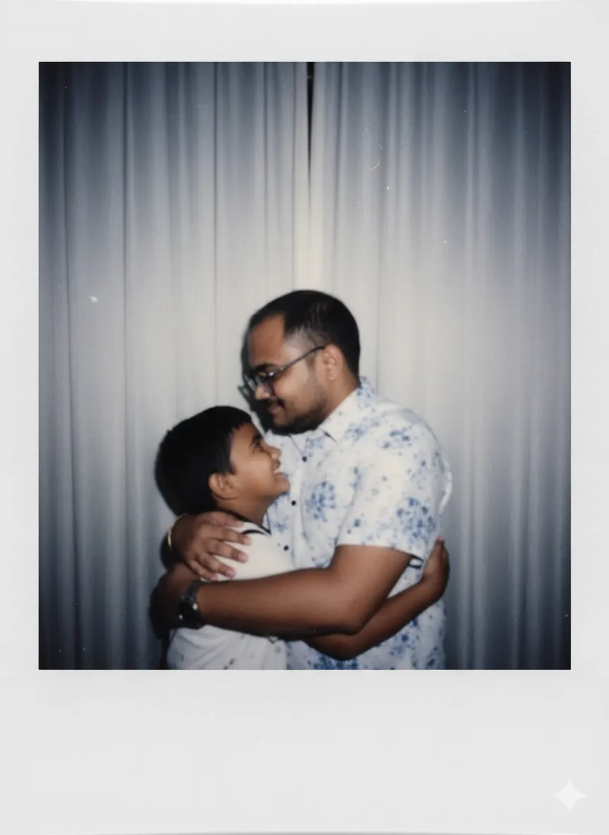 Turn the reference into a candid Polaroid-style embrace with flash aesthetic, soft blur, and nostalgic analog texture.